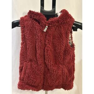 Mini Boden Red Furry Zip Up Hooded Vest Girls size 9-10Y